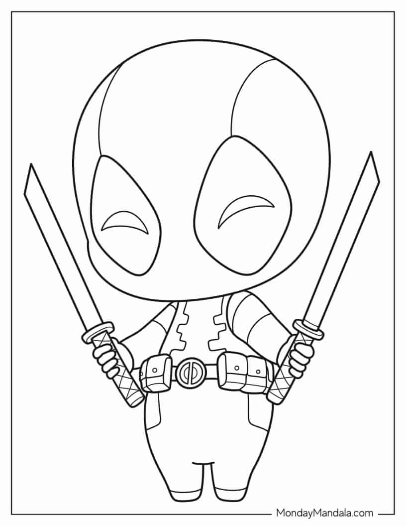 Cute Chibi Deadpool coloring page — printable line art