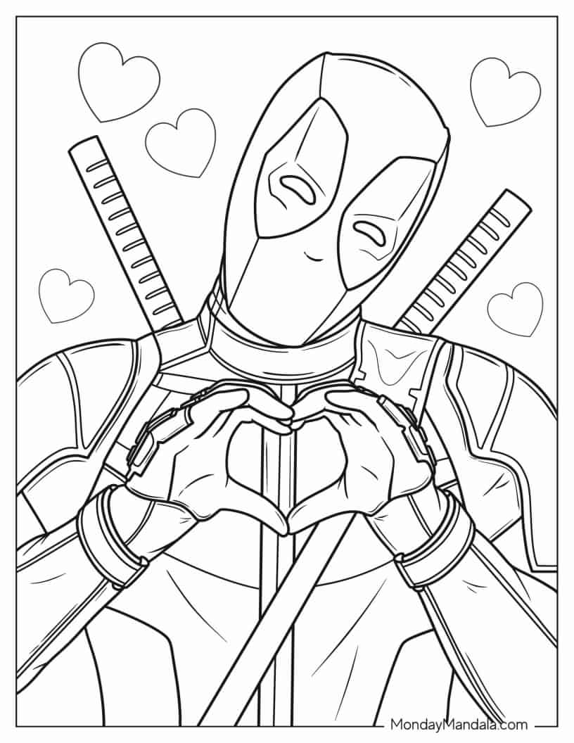 Deadpool Making Love Heart Shape To Color coloring page