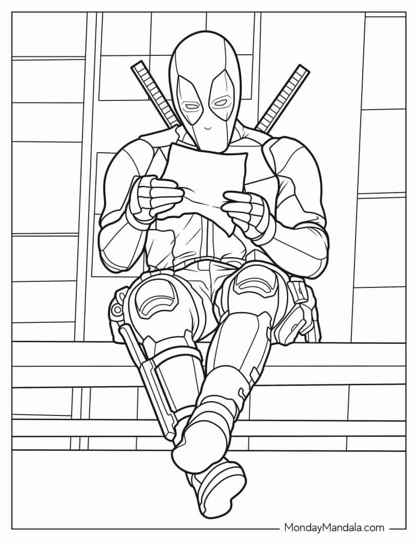 Deadpool Reading Letter On Highway coloring page — printable line art