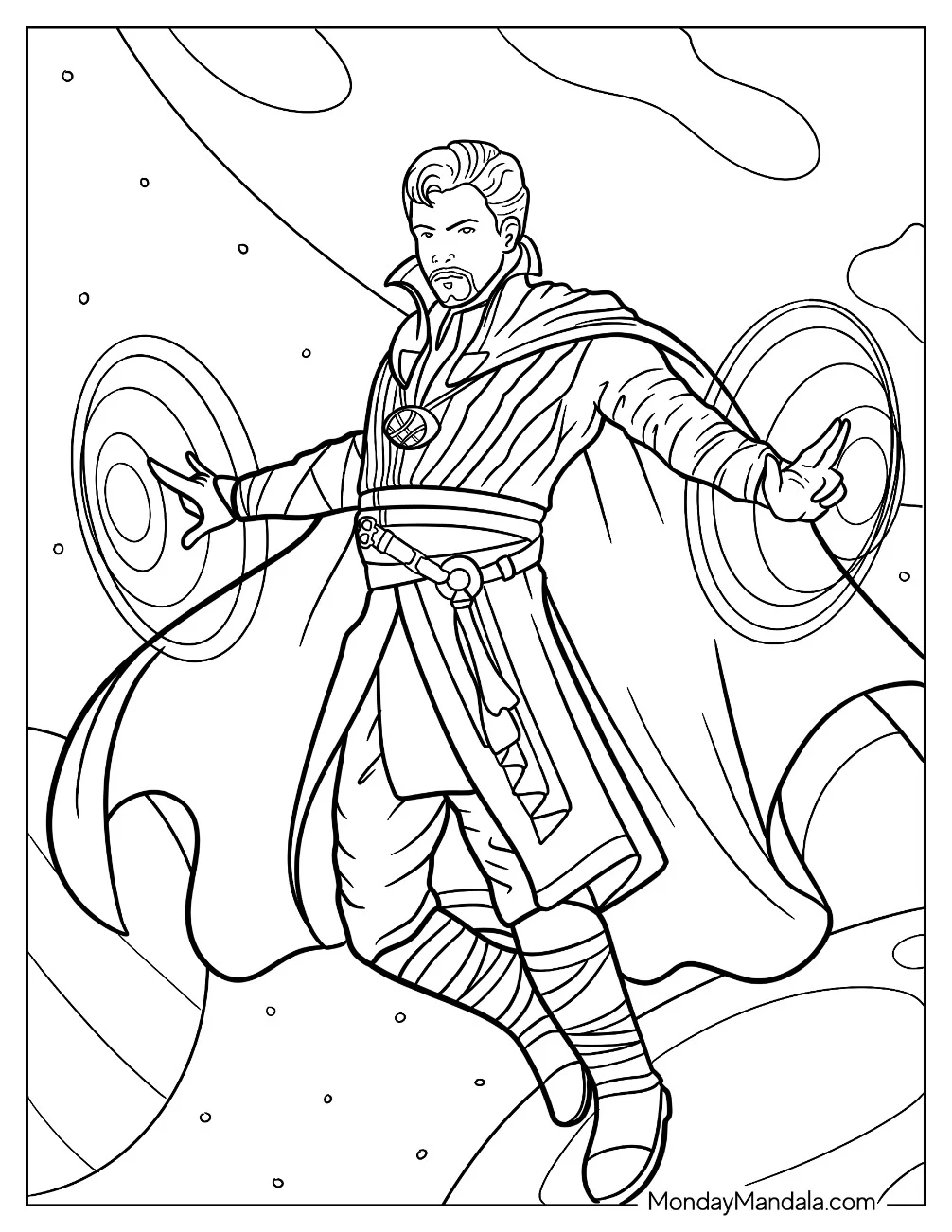 Detailed Doctor Strange Coloring Page Using His Powers coloring page — printable line art