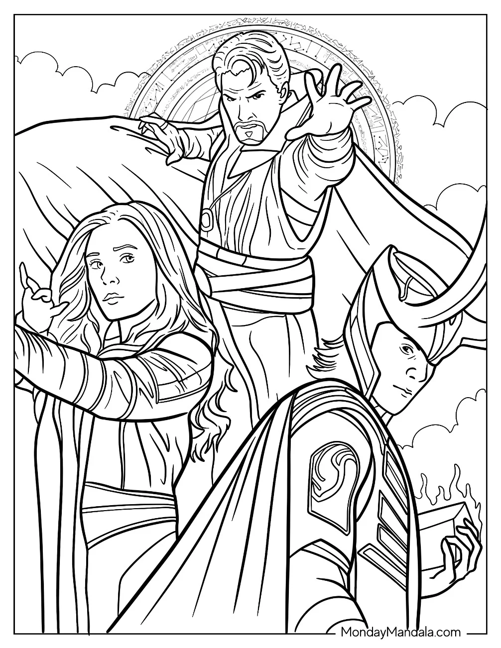 Doctor Strange Coloring Page Casting Spells With Wanda And Loki coloring page