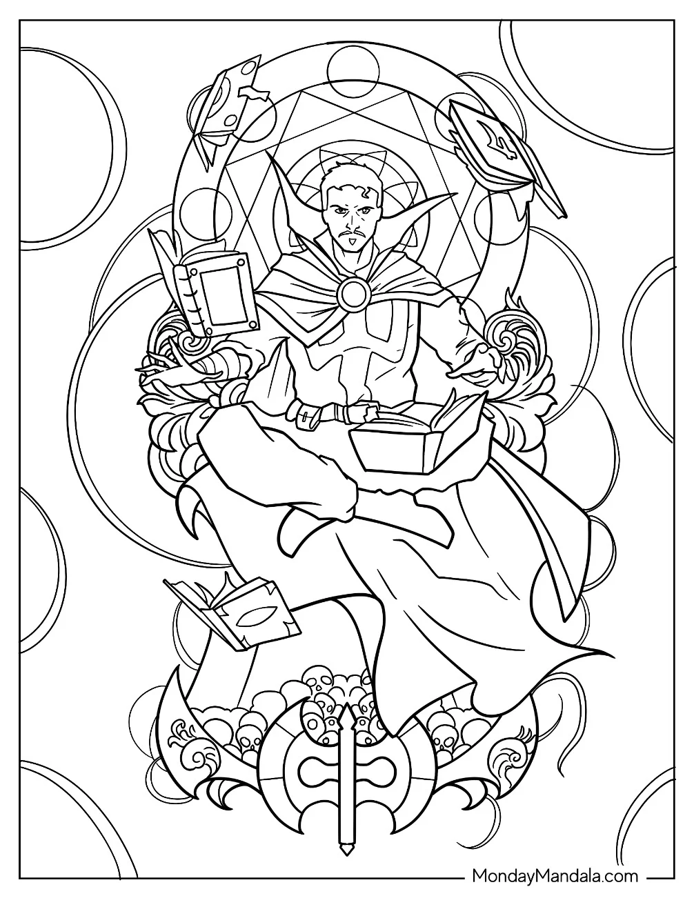 Doctor Strange Coloring Page Floating With Books Around Him coloring page — printable line art
