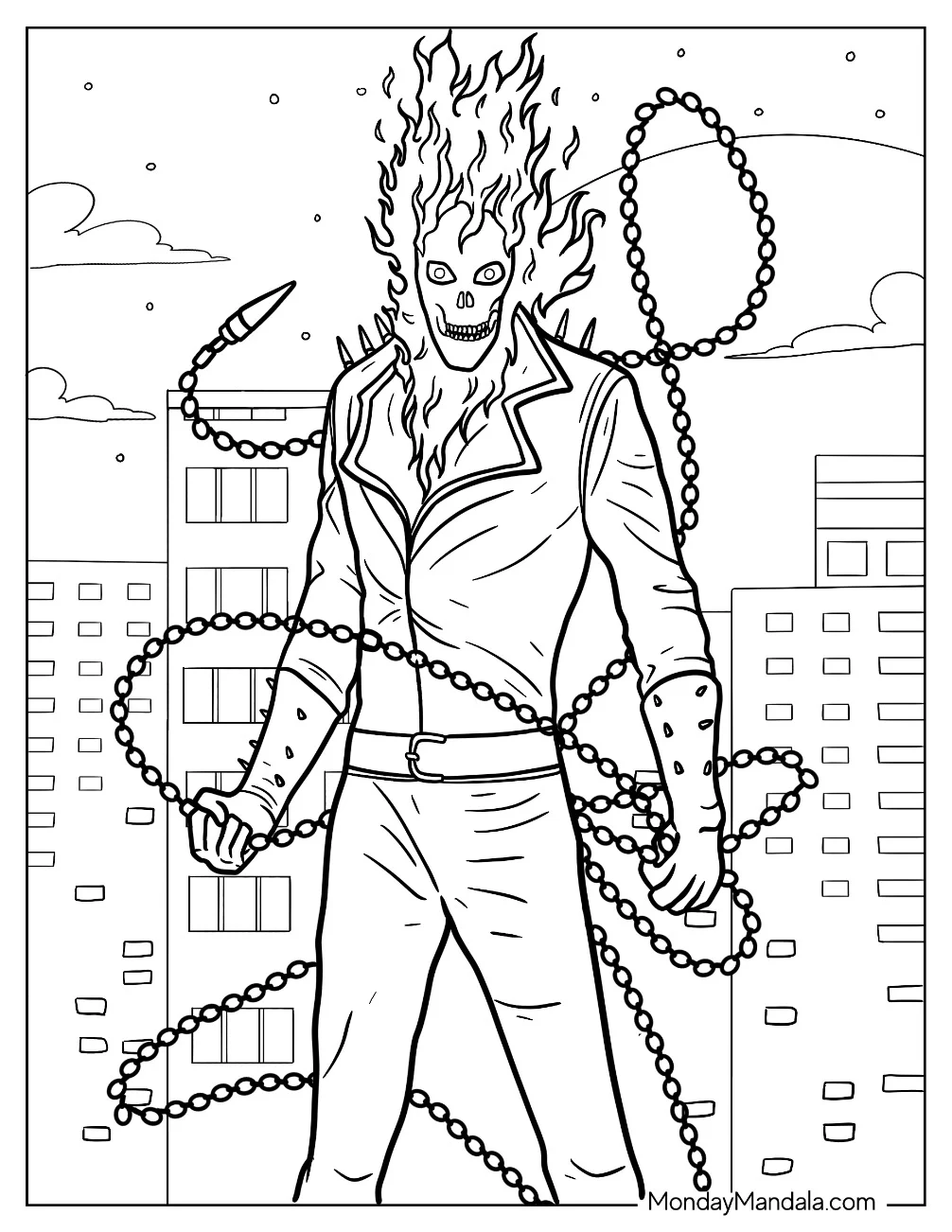 Burning Ghost Rider In The City coloring page — printable line art