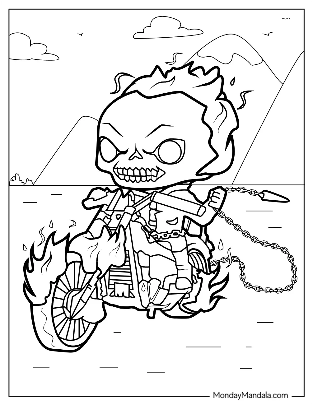 Cute Chibi Ghost Rider On A Motorcycle Holding The Hellfire Chain coloring page — printable line art
