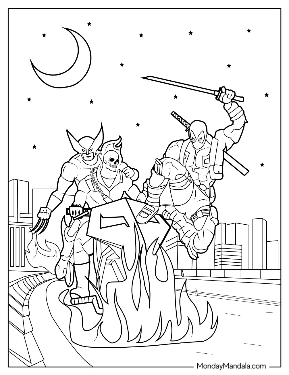 Deadpool, Wolverine, And Ghost Rider Coloring Page coloring page — printable line art