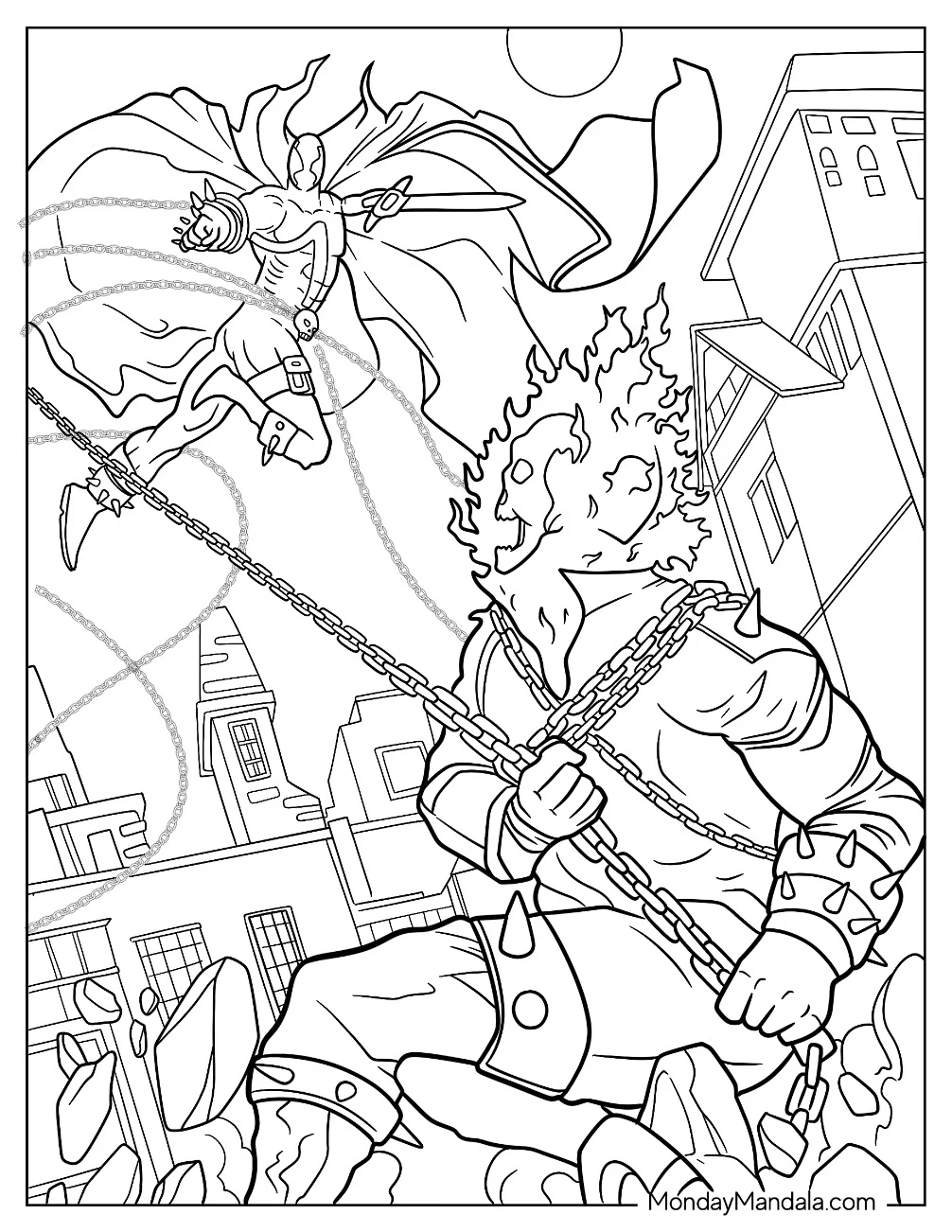 Doctor Doom Fighting Ghost Rider Coloring Page coloring page — printable line art