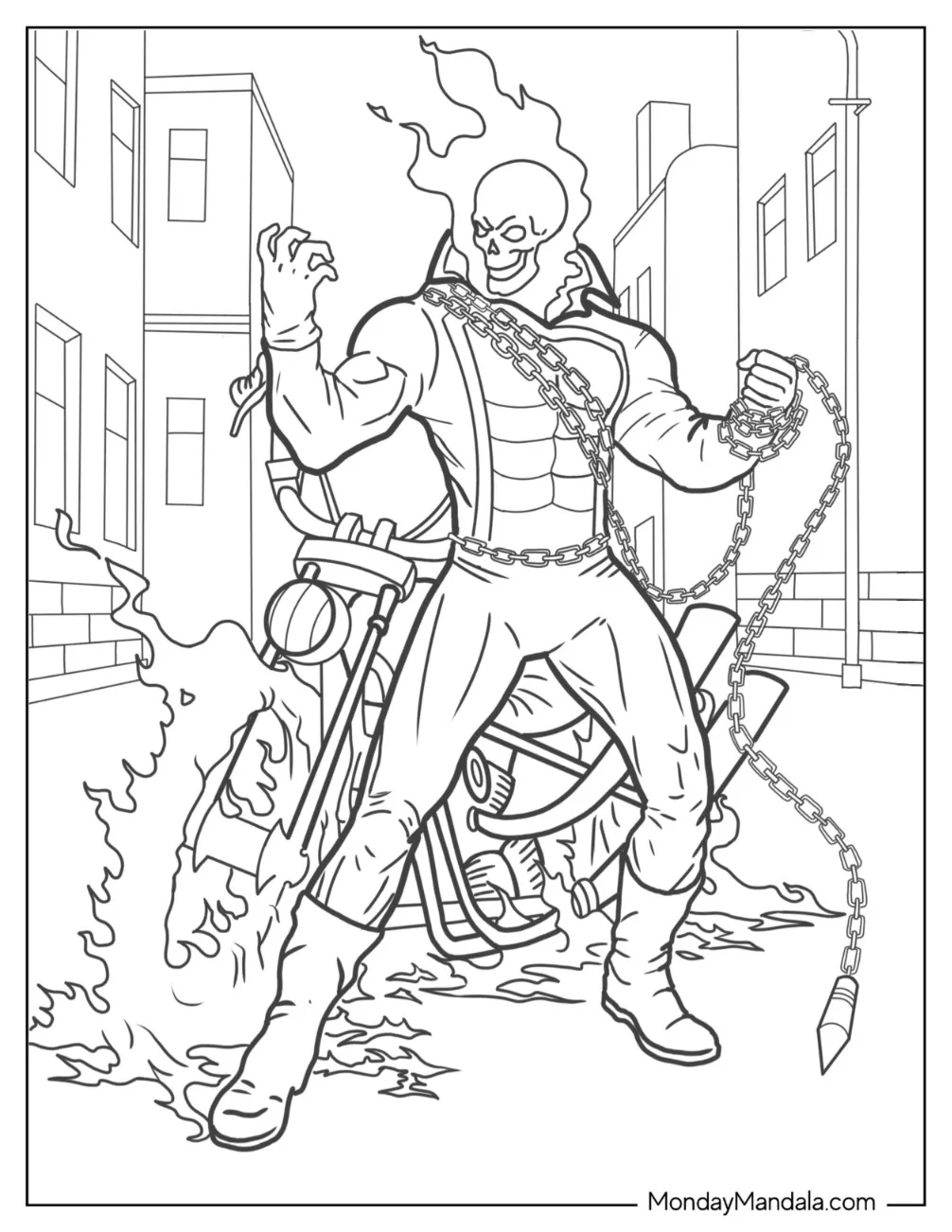 Ghost Rider In Front Of His Motorcycle Holding His Hellfire Chain coloring page
