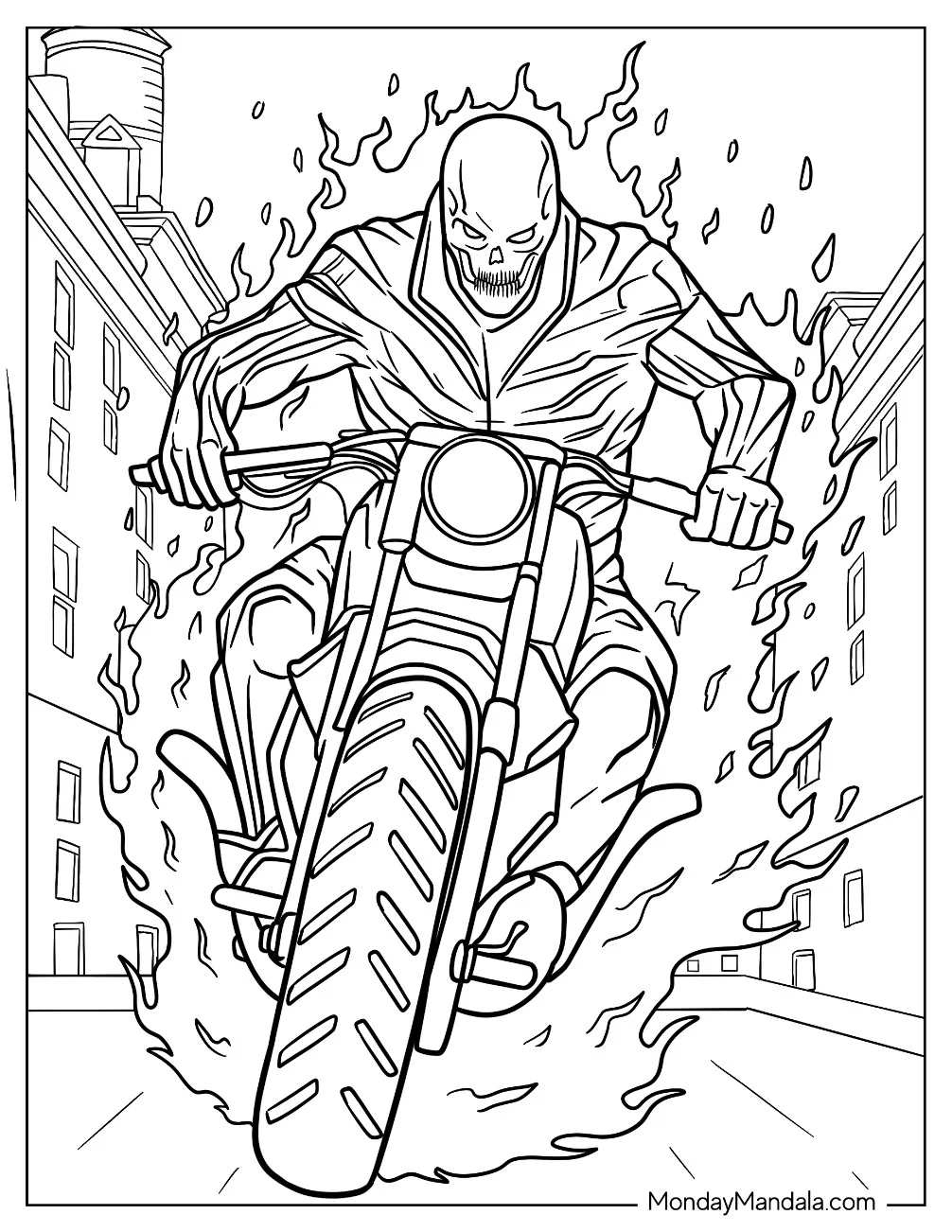 Ghost Rider On Hell Cycle In The City coloring page
