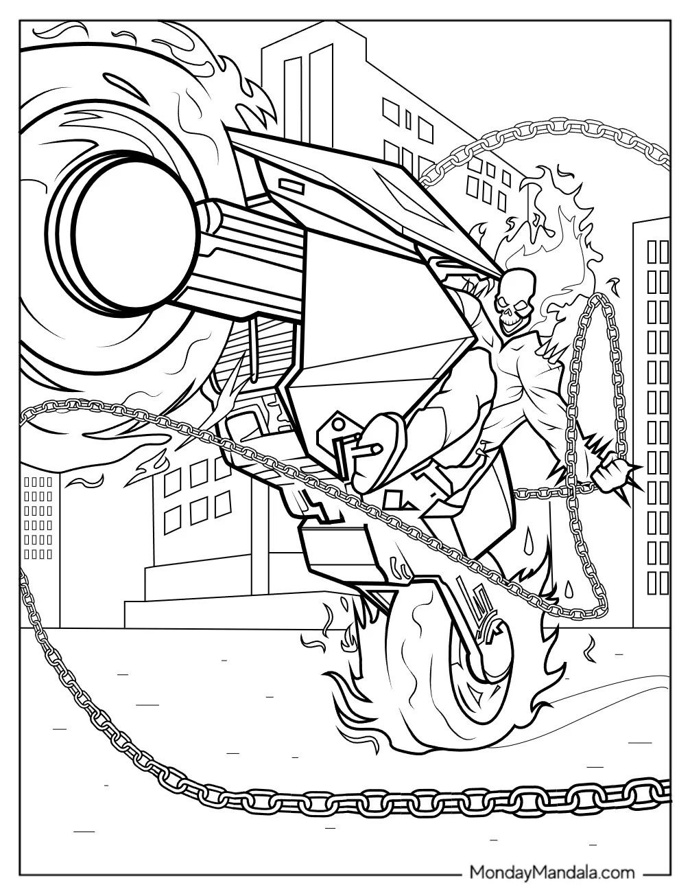 Ghost Rider On His Blazing Motorcycle With His Hellfire Chain Coloring Sheet coloring page