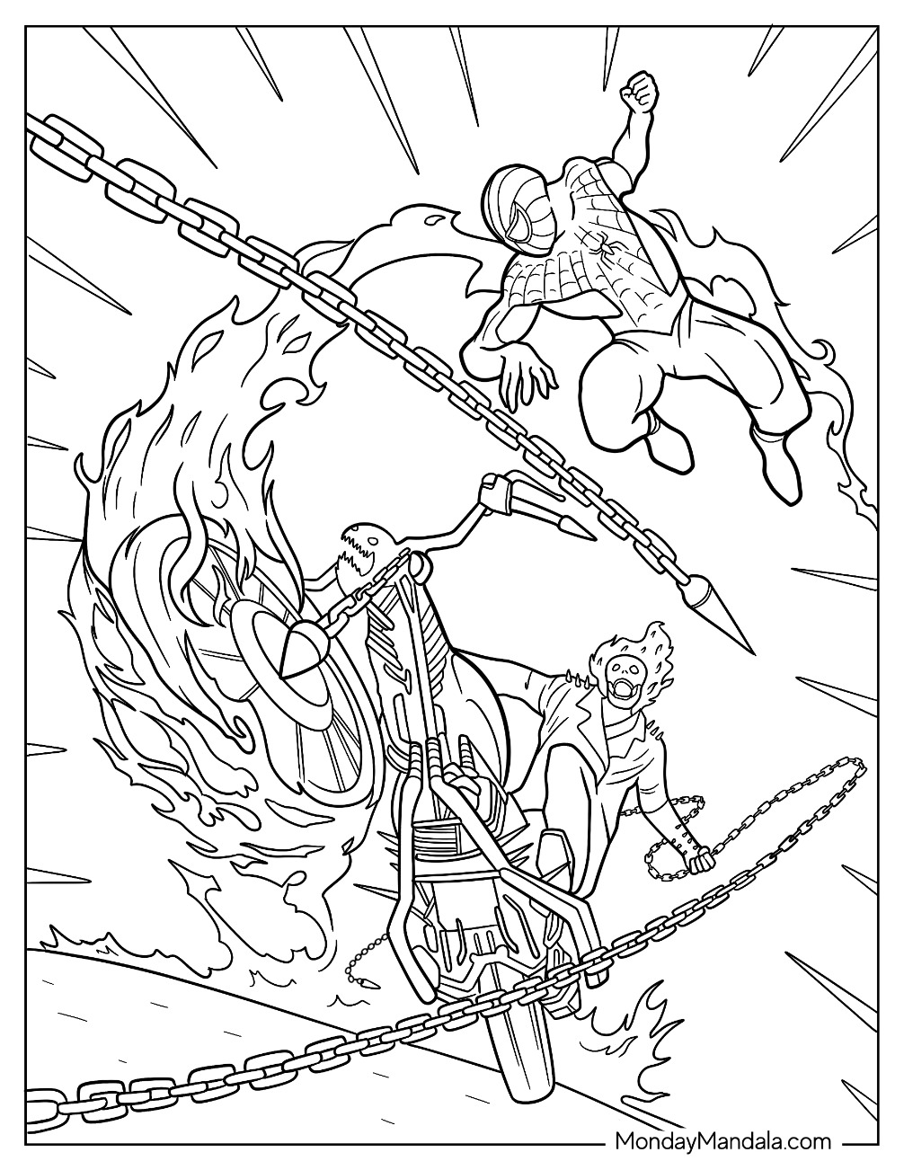 Intense Spider Man Vs Ghost Rider Battle coloring page — printable line art
