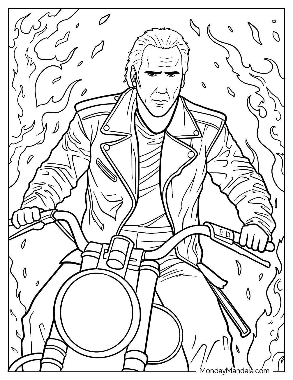 Nicholas Cage On His Motorcycle Covered In Flames As Ghost Rider coloring page