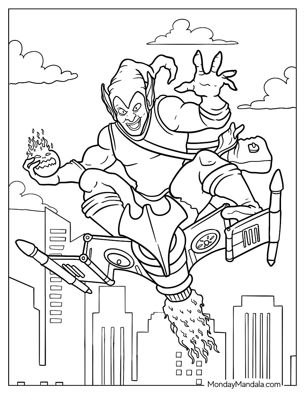 Comic Green Goblin Coloring Page On Glider With Pumpkin Bomb For Kids coloring page