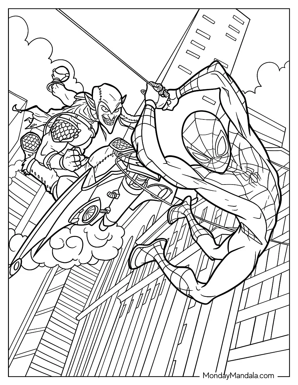 Green Goblin Coloring Page Chasing Spider Man In The City coloring page