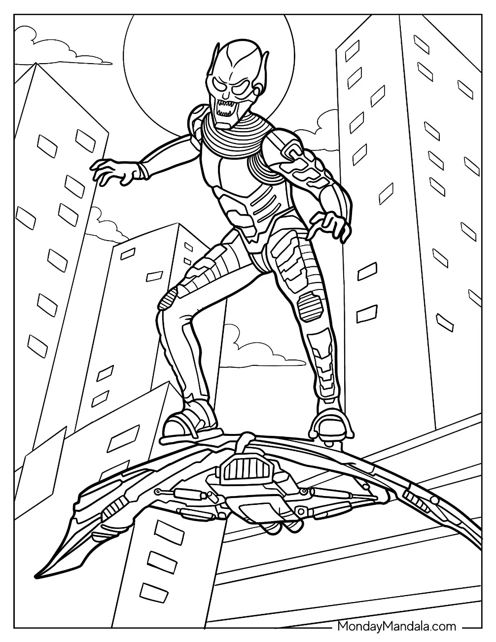 Green Goblin Coloring Page On His Glider In The City coloring page