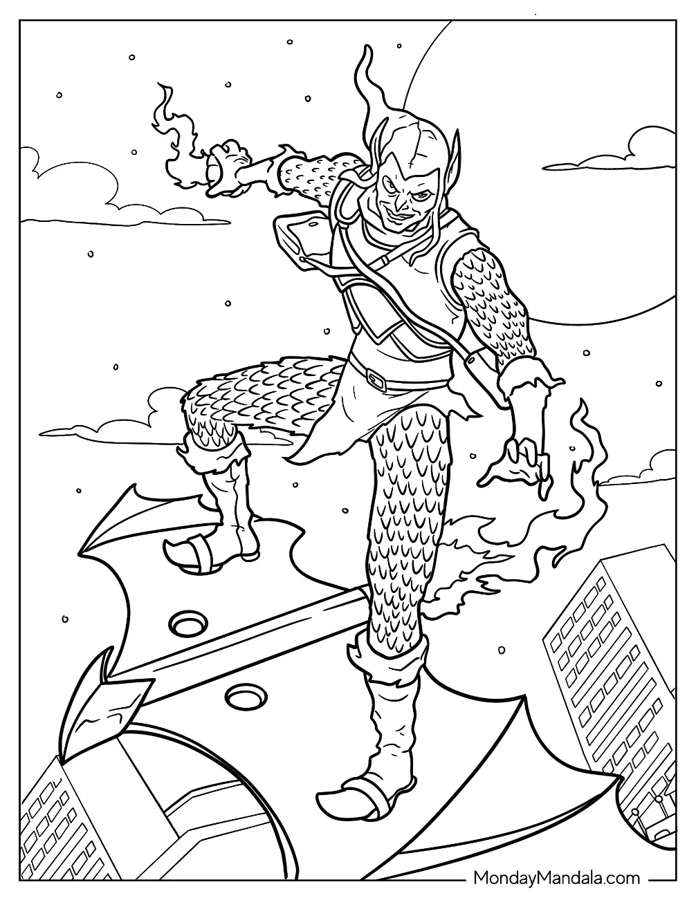 Realistic Green Goblin Coloring Page With Pumpkin Bombs coloring page