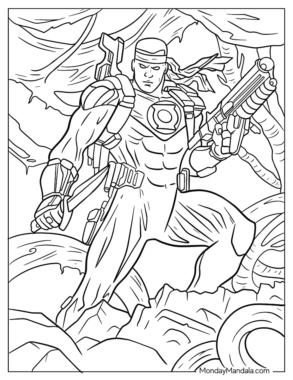 Detailed Green Lantern Coloring Page Holding Guns coloring page
