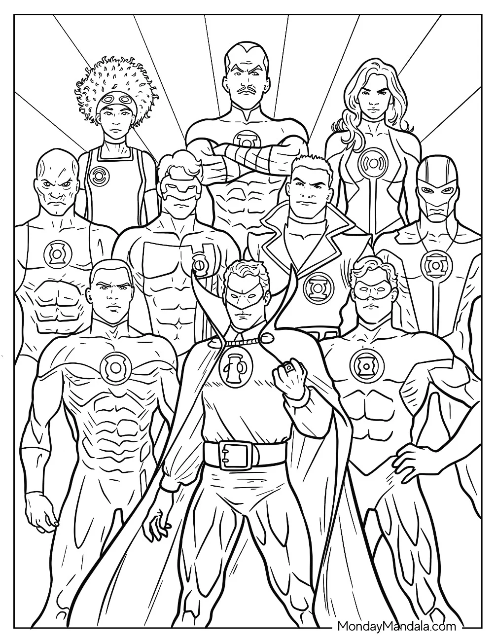 Green Lantern Coloring Page Of Alan Scott With John Stewart, Hal Jordan, And Green Lantern Corps coloring page