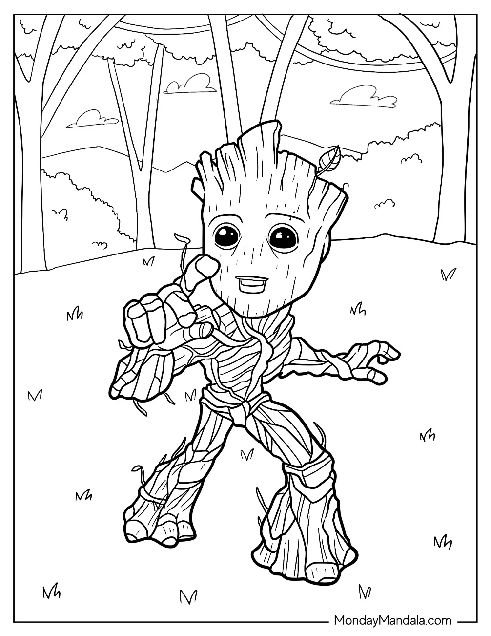 Amazed Groot Coloring Page Sprouting Leaves For Kids coloring page — printable line art
