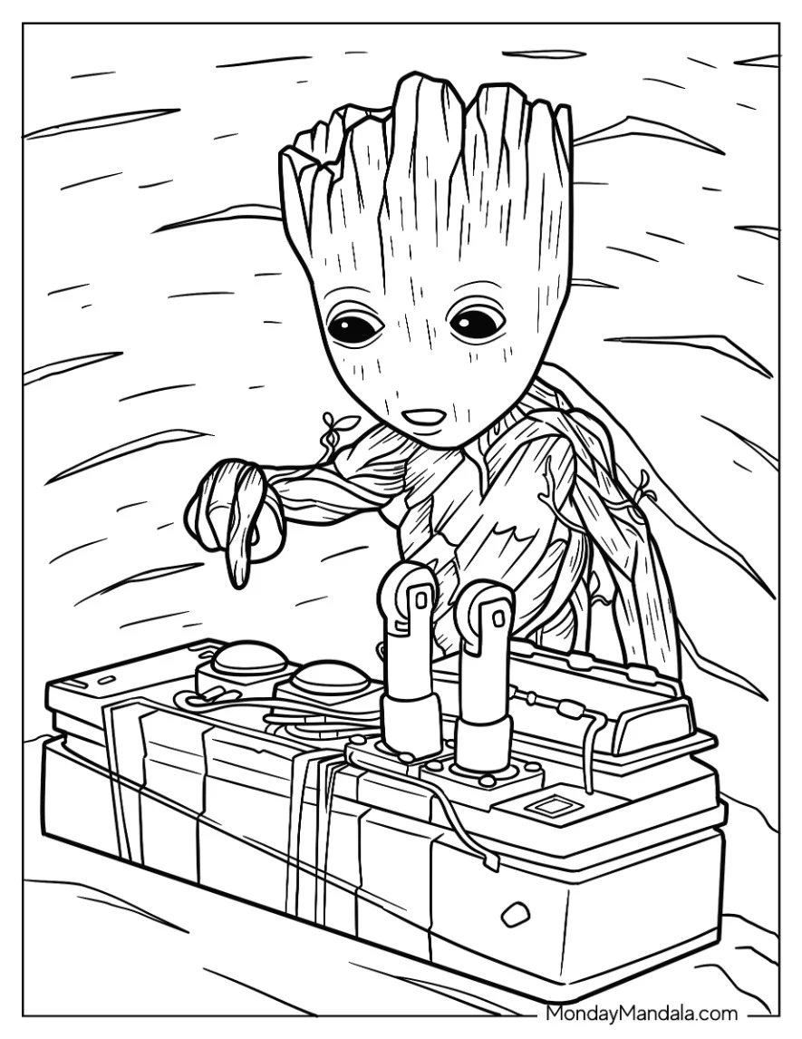 Baby Groot Coloring Page About To Press Button coloring page