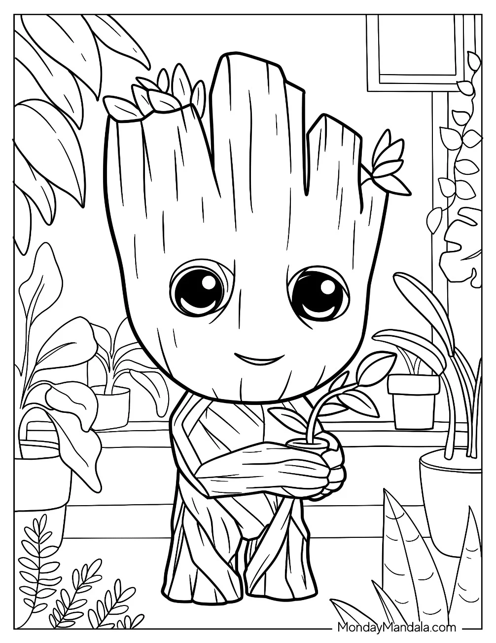 Baby Groot Coloring Page Holding A Small Potted Plant For Kids coloring page — printable line art