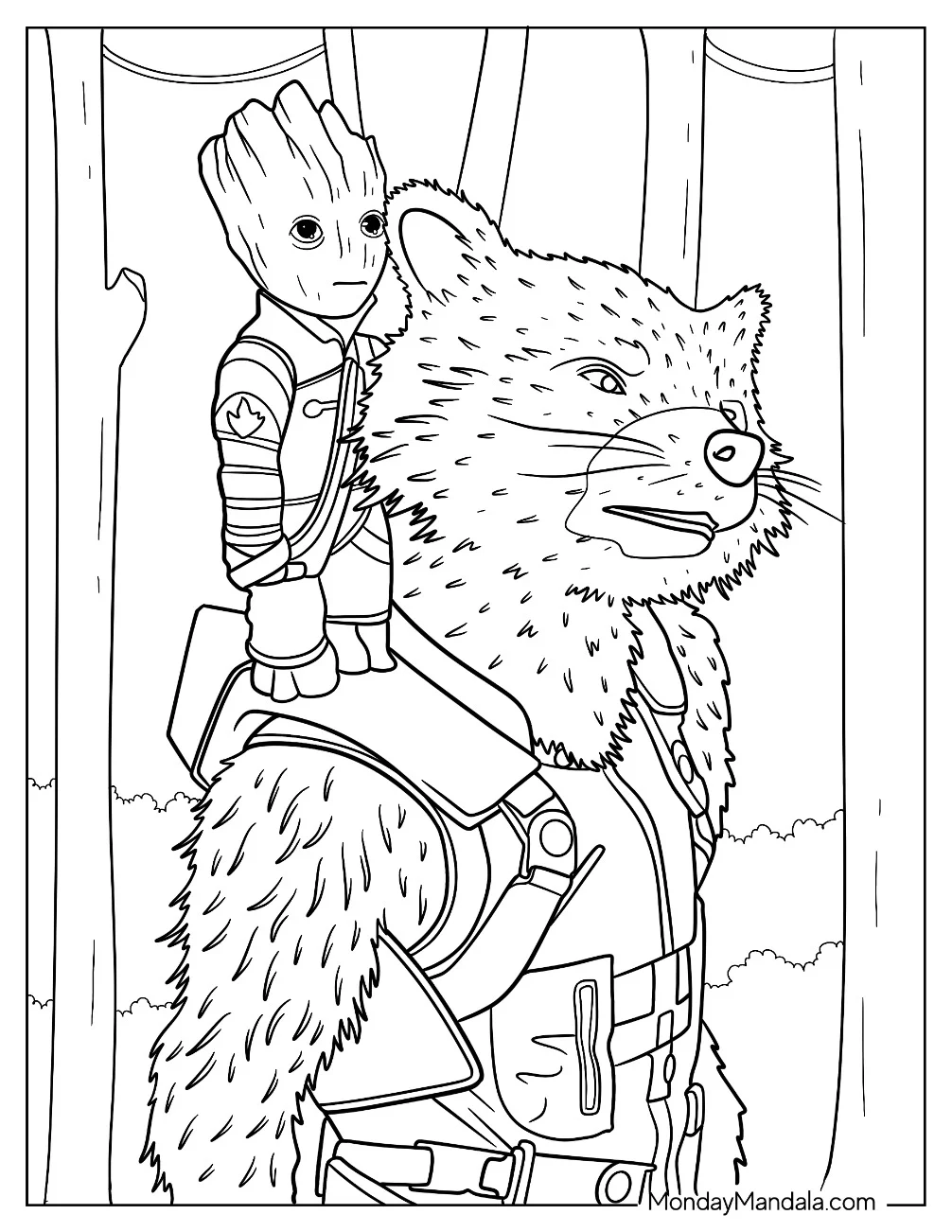 Baby Groot Coloring Page Standing On Rocket s Shoulder coloring page — printable line art