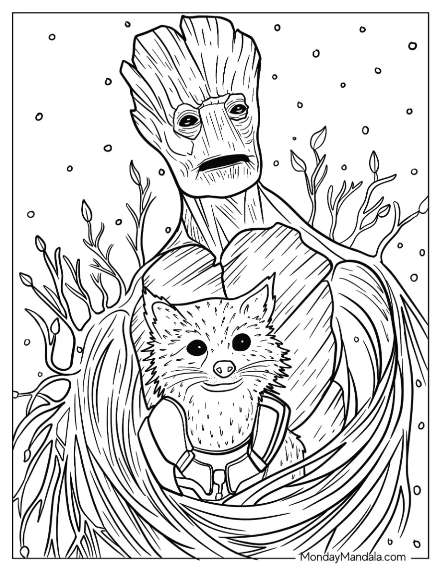 Detailed Adult Groot Coloring Page Holding Rocket coloring page