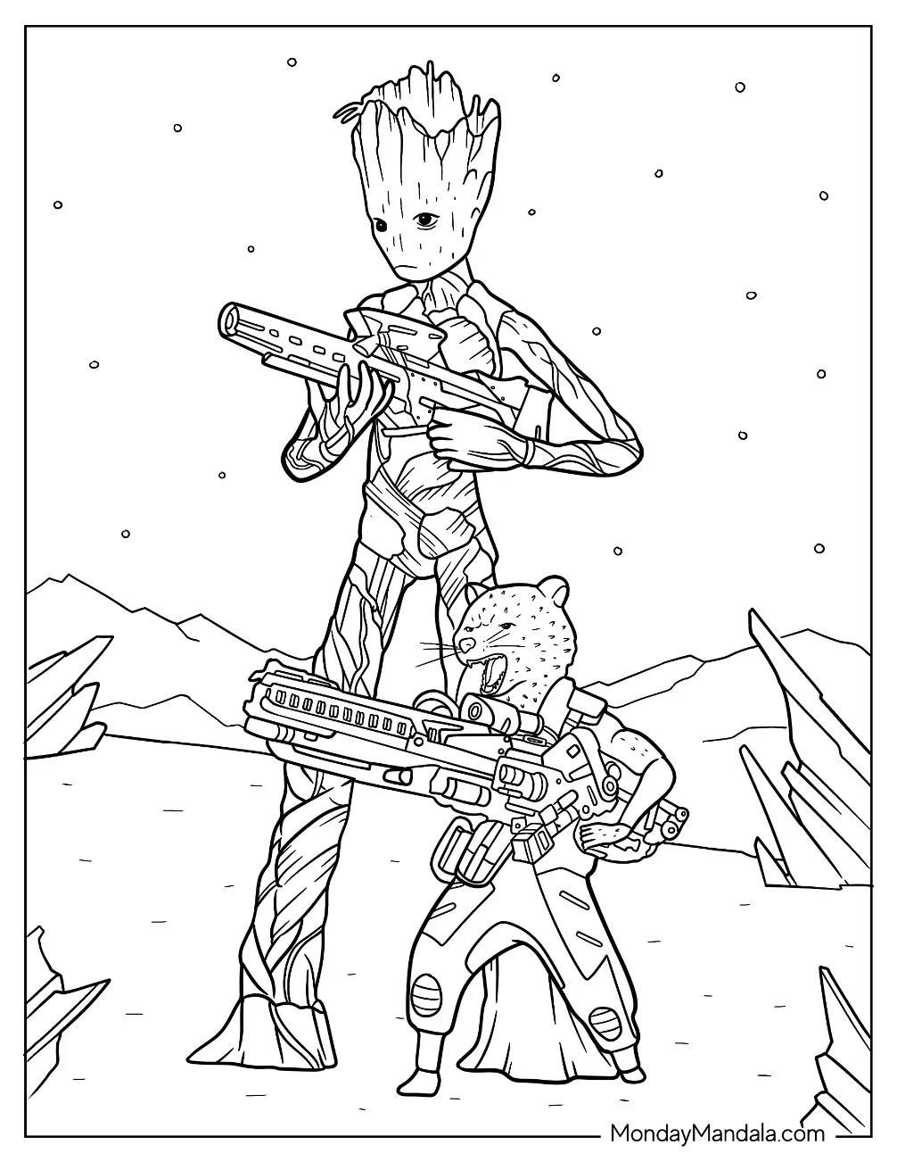 Groot Coloring Page And Rocket Blasting Guns In Outer Space coloring page — printable line art