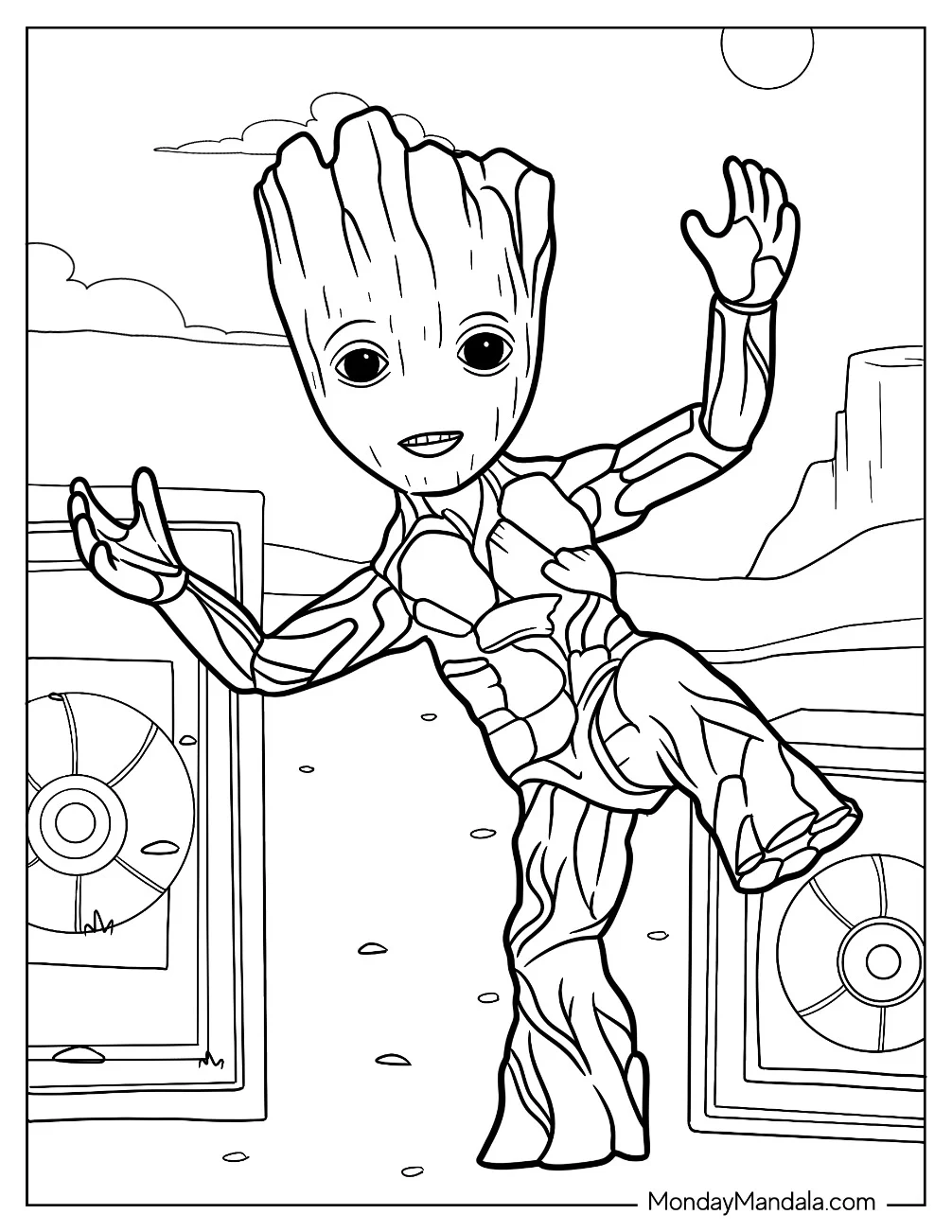 Groot Coloring Page Dancing In Outer Space coloring page — printable line art