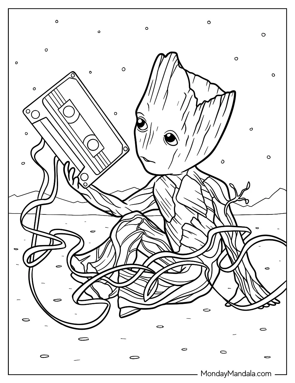 Groot Coloring Page Holding A Broken Mixed Tape In Outer Space coloring page