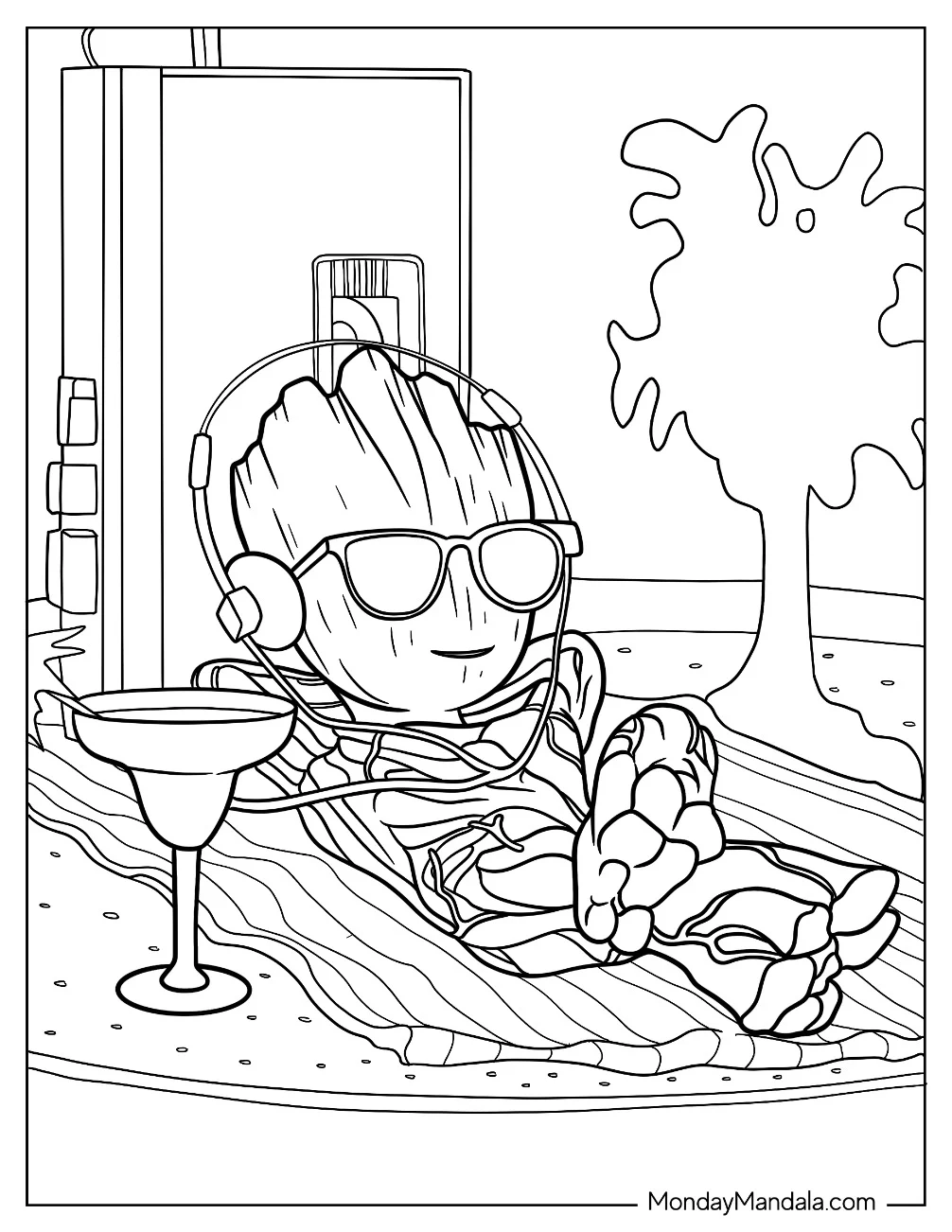Groot Coloring Page Lounging At The Beach Wearing Headphones With A Drink Beside Him coloring page