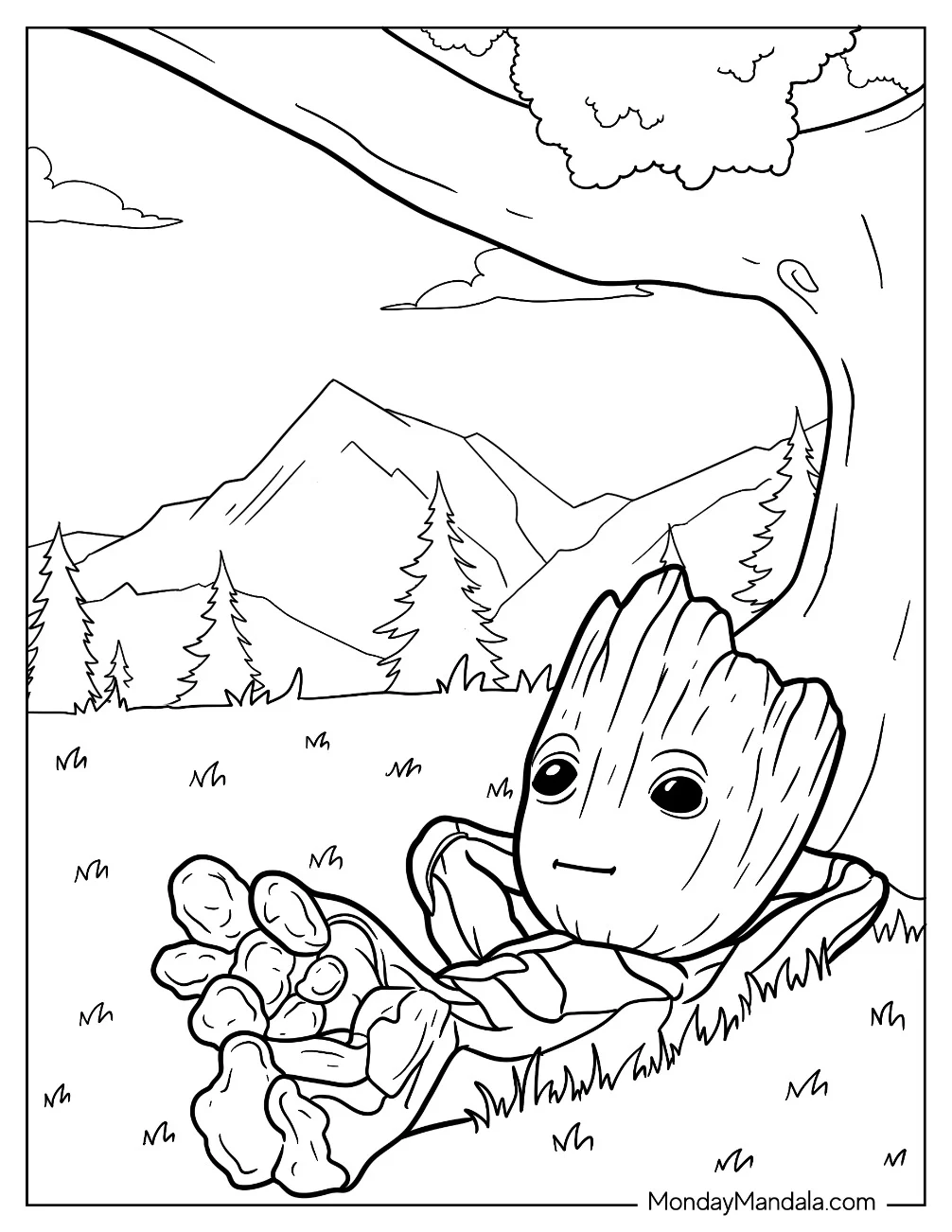 Groot Coloring Page Resting Under The Shade Of A Tree coloring page — printable line art