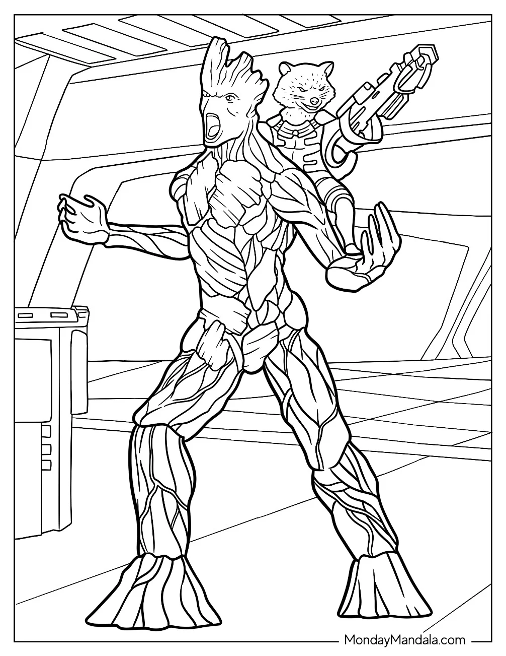 Groot Coloring Page Shooting HIs Gun While On Groot's Shoulder coloring page