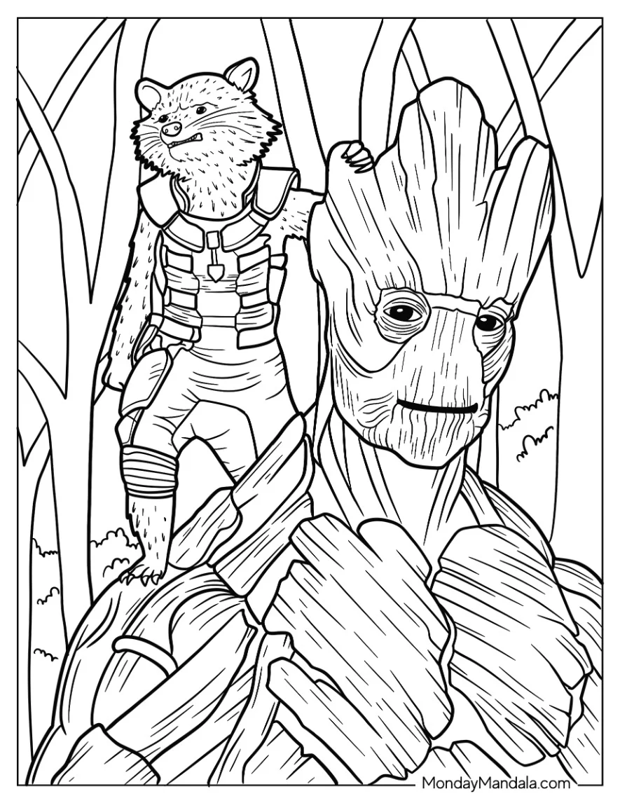Groot Coloring Page Standing On Groot's Shoulder coloring page