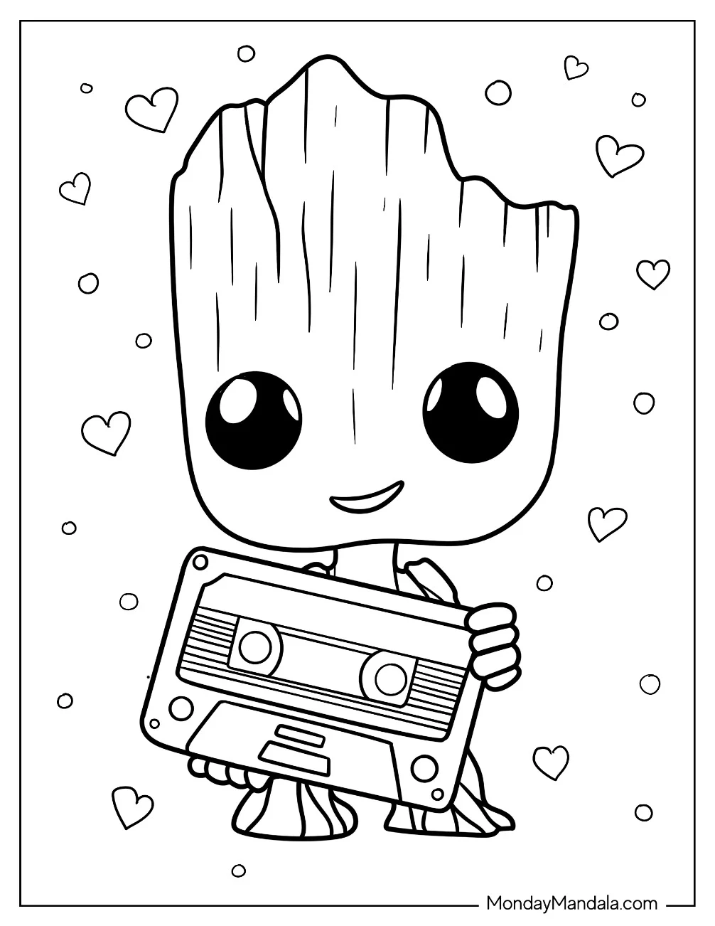 Kawaii Groot Coloring Page Holding A Mixed Tape With Love Hearts For Kids coloring page — printable line art