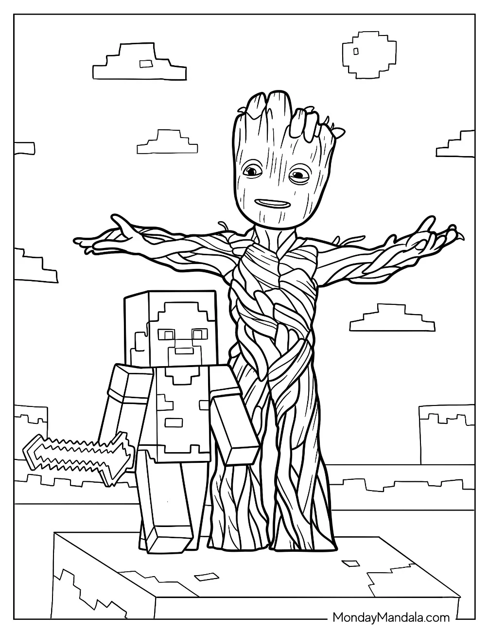 Minecraft Steve With Groot Coloring Page coloring page