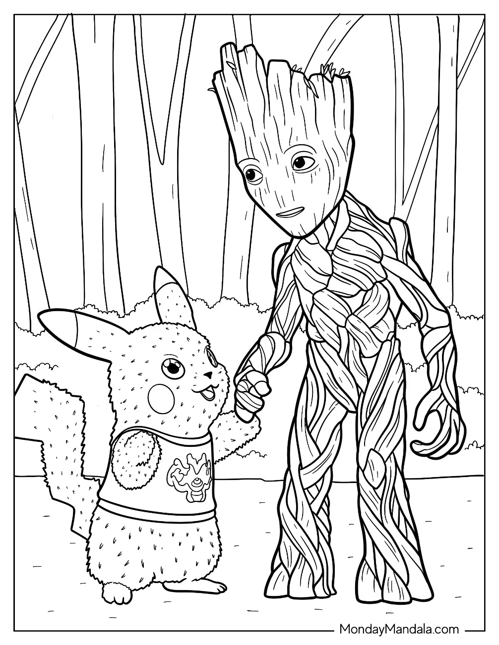Pikachu Guiding Groot Coloring Page By The Hand In The Forest coloring page — printable line art