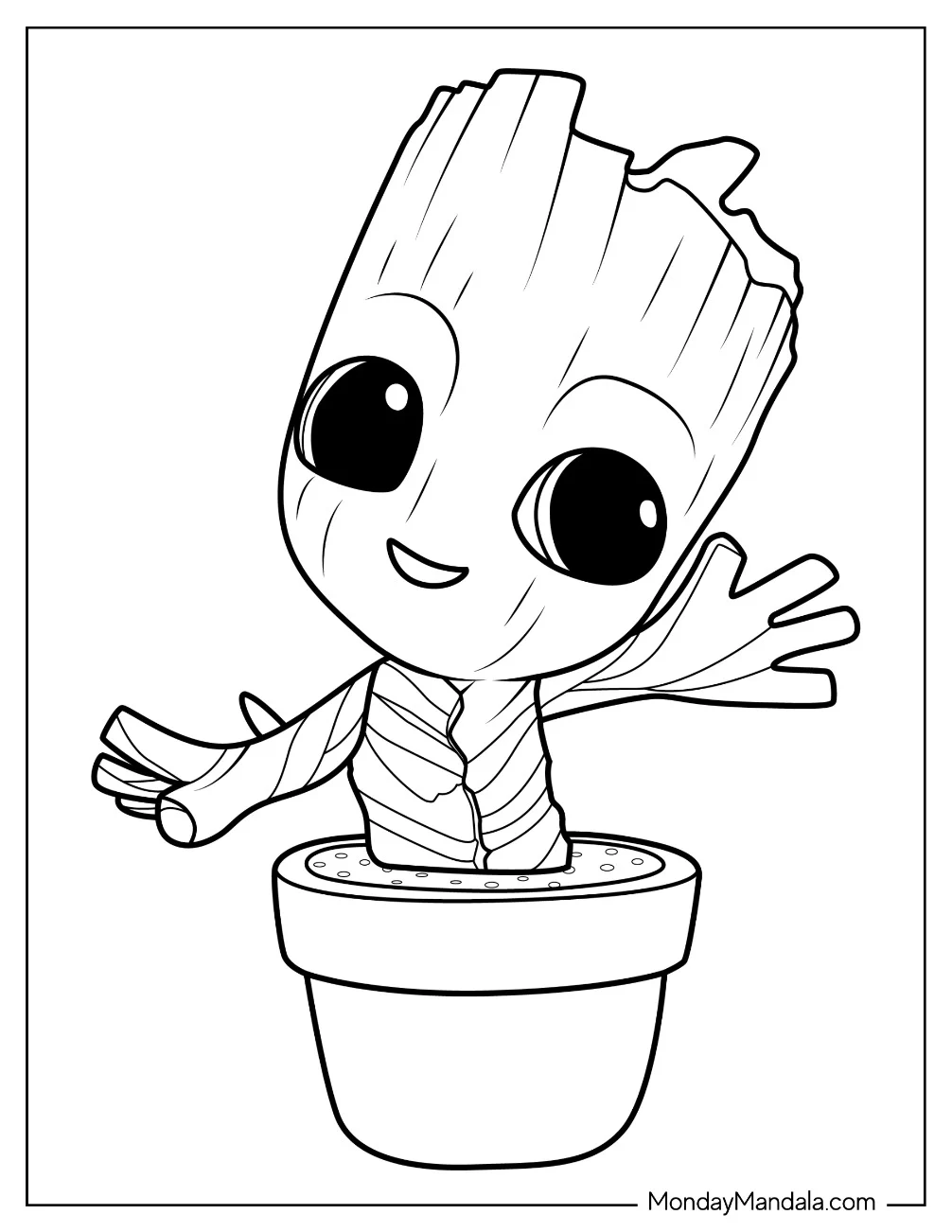 Potted Groot Coloring Page Waving His Hands For Kids coloring page — printable line art