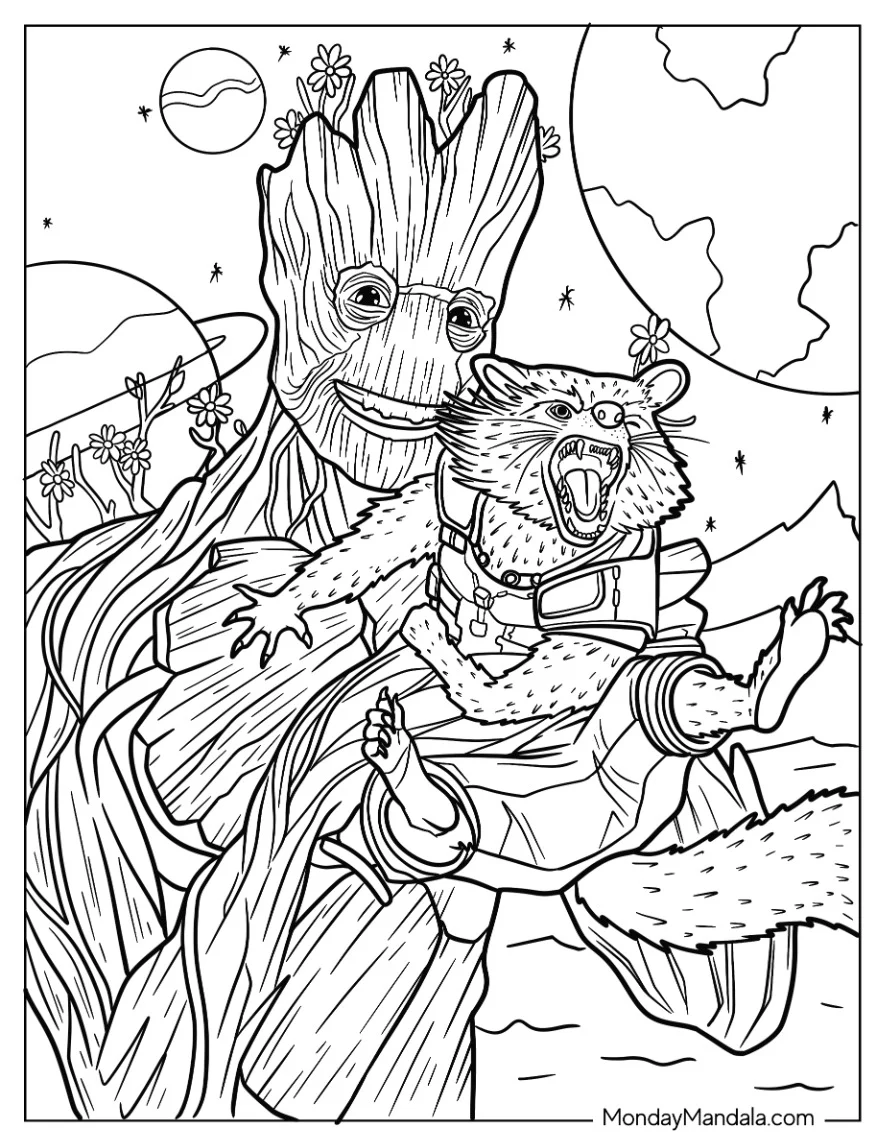 Realistic Groot Coloring Page And Groot In Outer Space coloring page