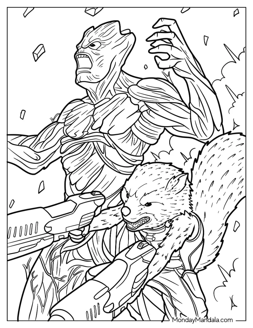 Rocket & Groot Coloring Page In Battle coloring page