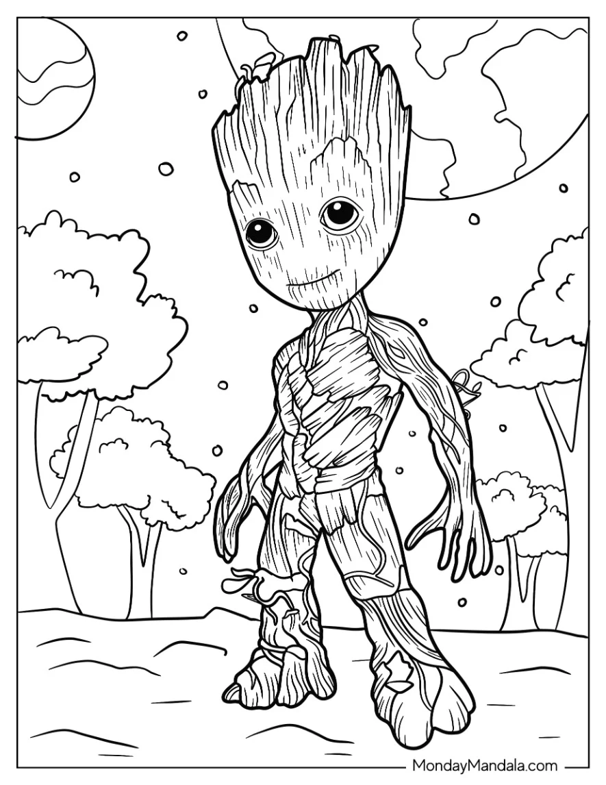 Smiling Groot Coloring Page In Galaxy coloring page