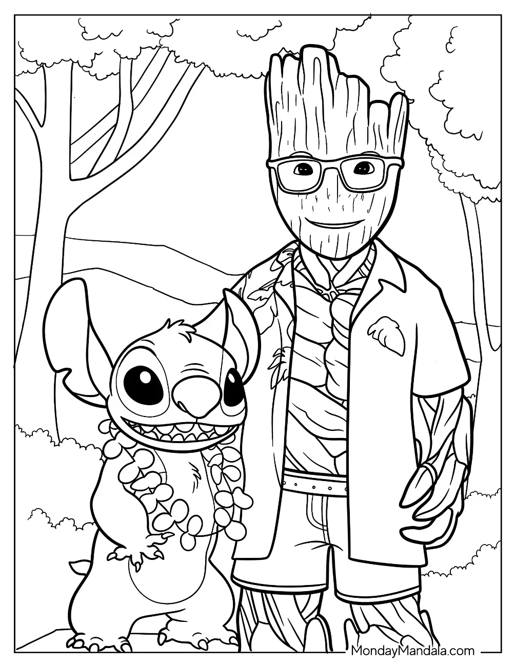 Stitch Standing Next To Nerdy Teen Groot Coloring Page coloring page