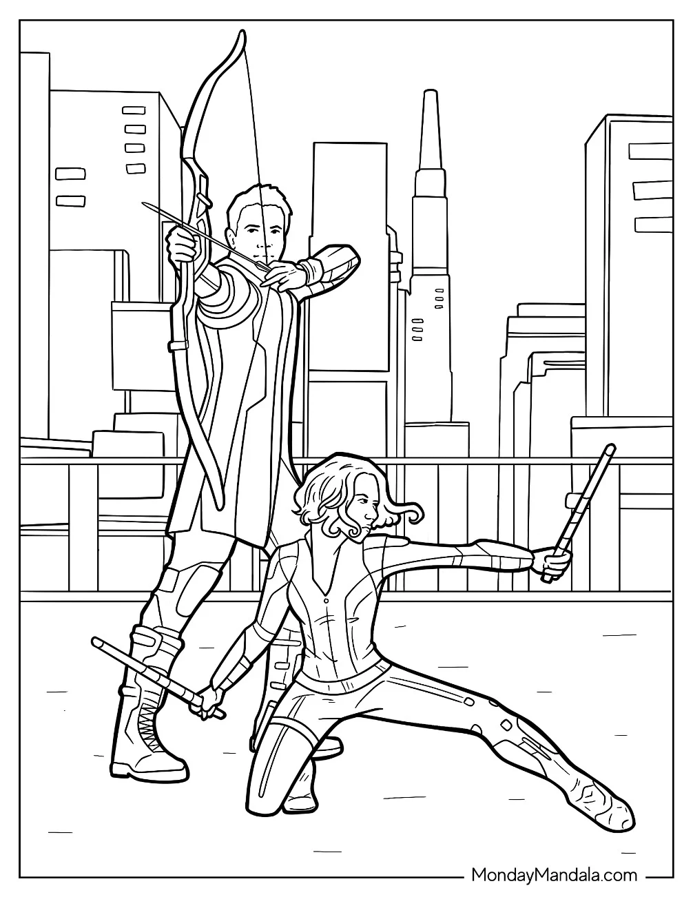 Hawkeye Coloring Page Fighting Beside Black Widow coloring page