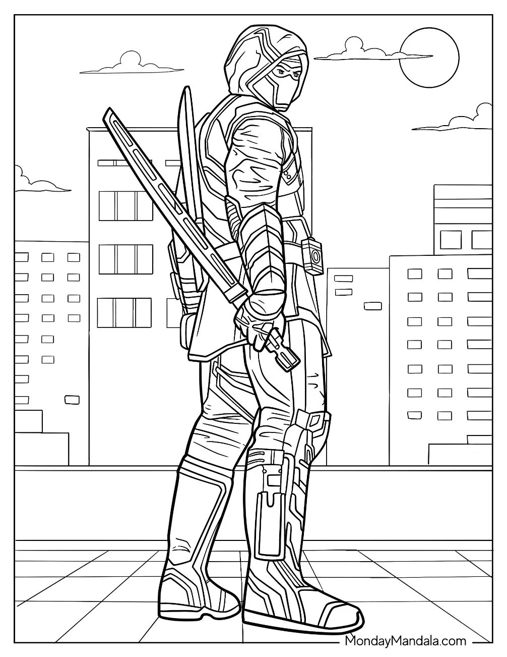Hawkeye Coloring Page Of Detailed Ronin In The City coloring page — printable line art