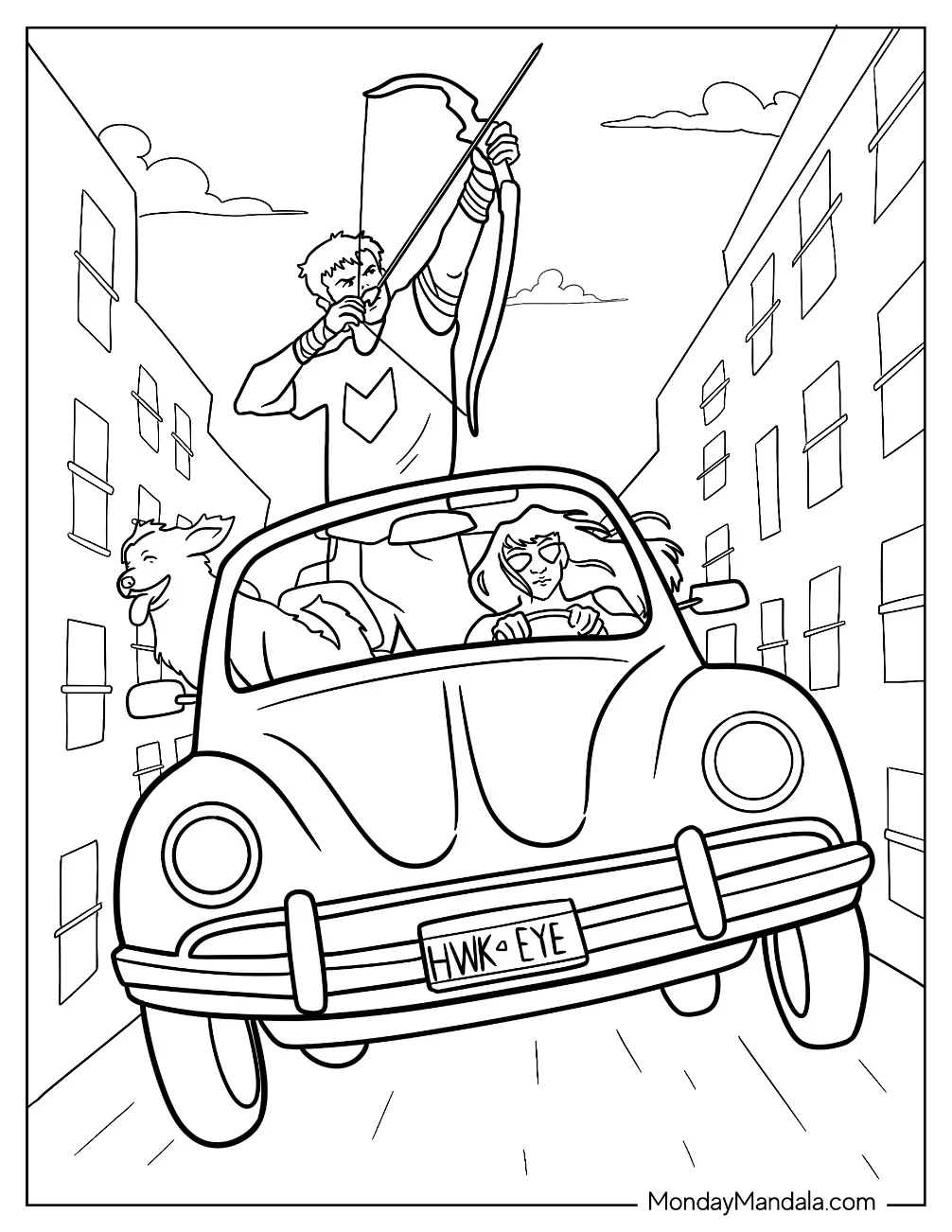 Hawkeye Coloring Page Of Shooting Arrow In A Car With Kate Bishop And Lucky coloring page