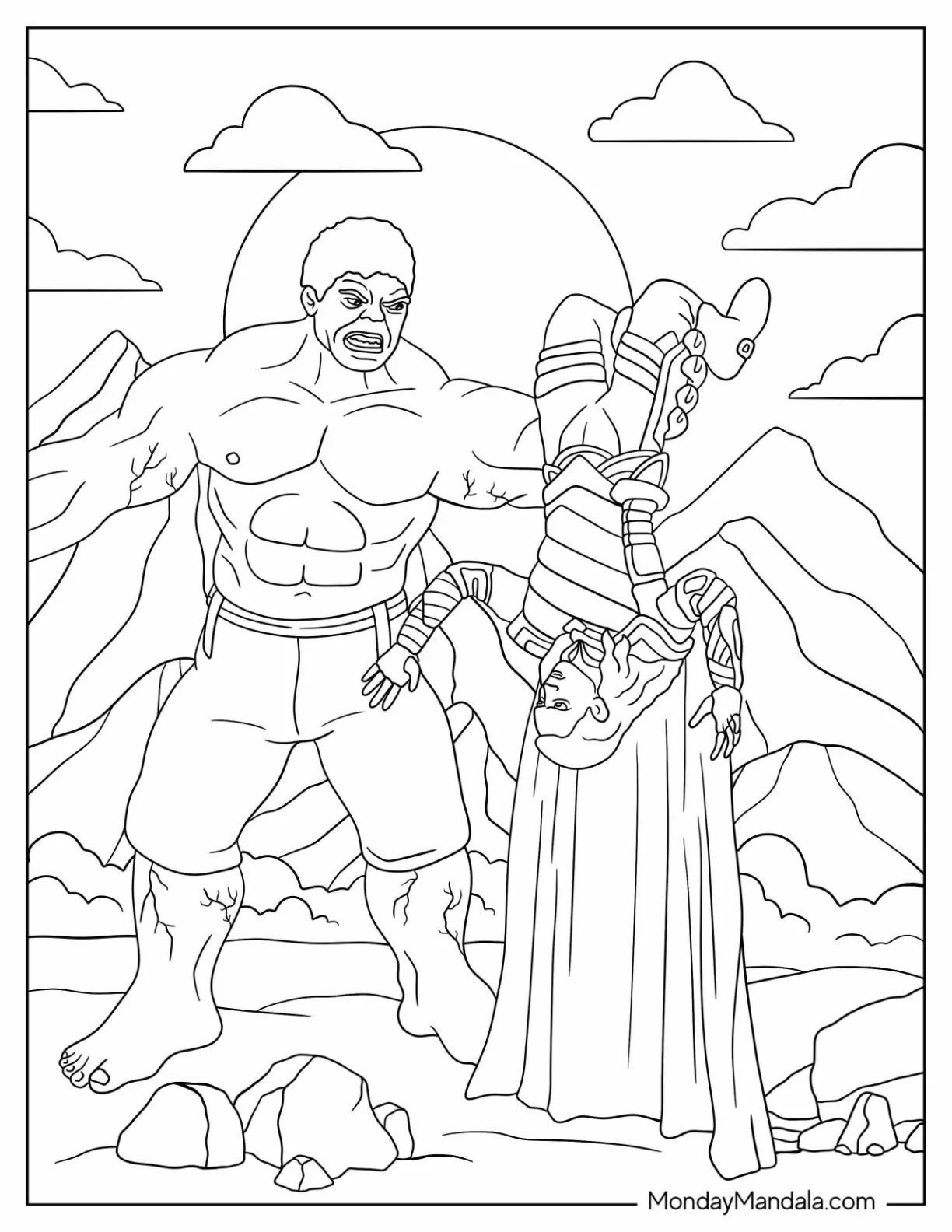 Angry Hulk Coloring Page Holding Loki Upside Down coloring page