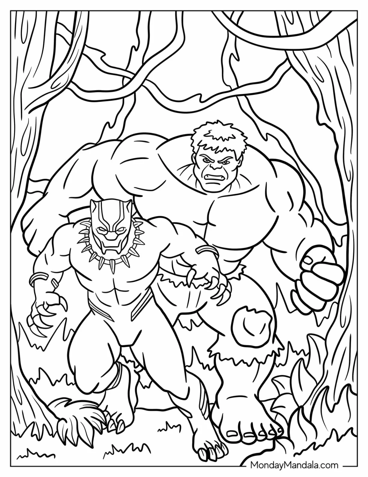 Black Panther Emerging From The Forest With The Hulk Coloring Page coloring page