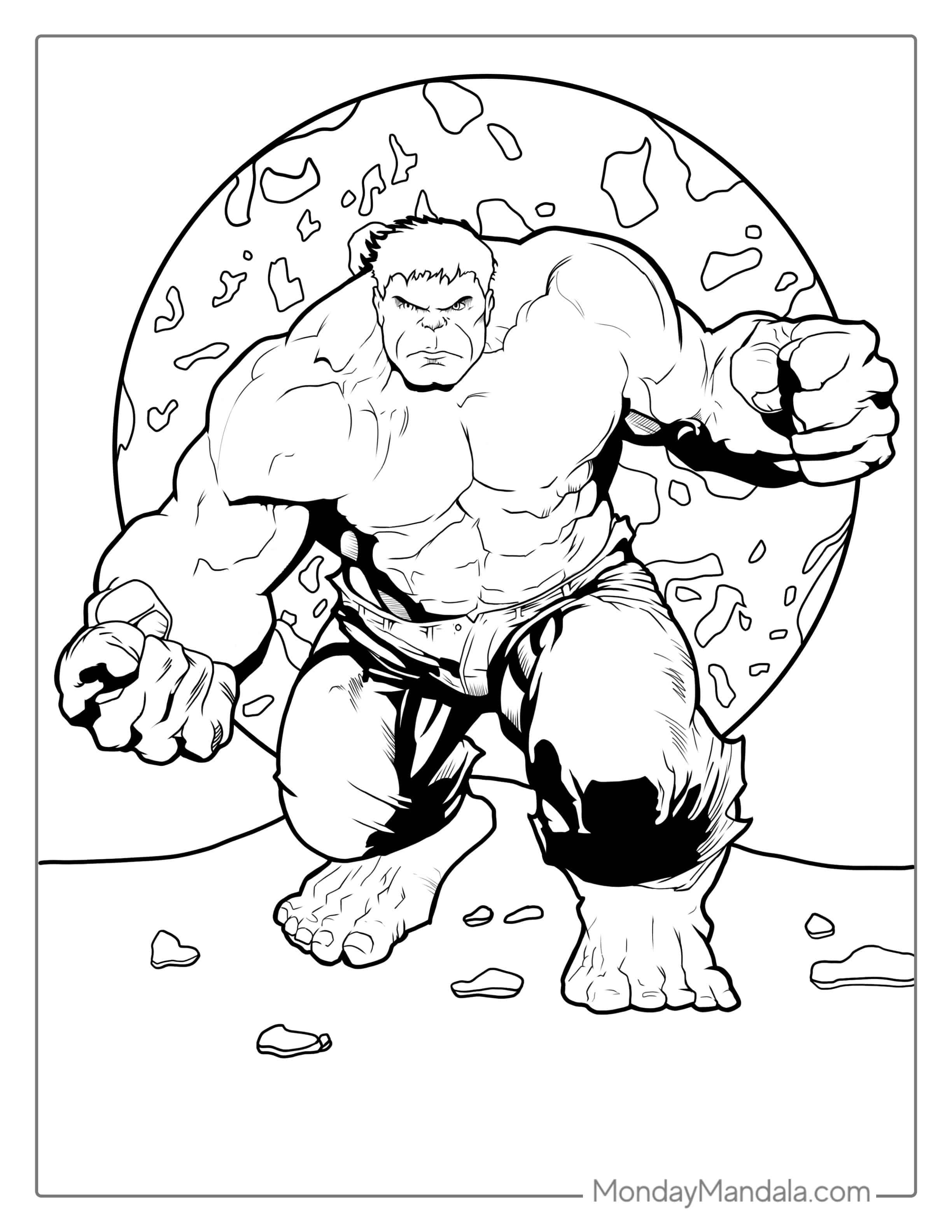 Detailed Hulk With World In Background coloring page — printable line art