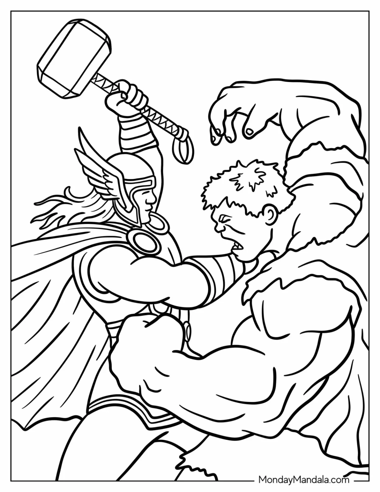 Hulk Coloring Page Attacking Thor For Kids coloring page