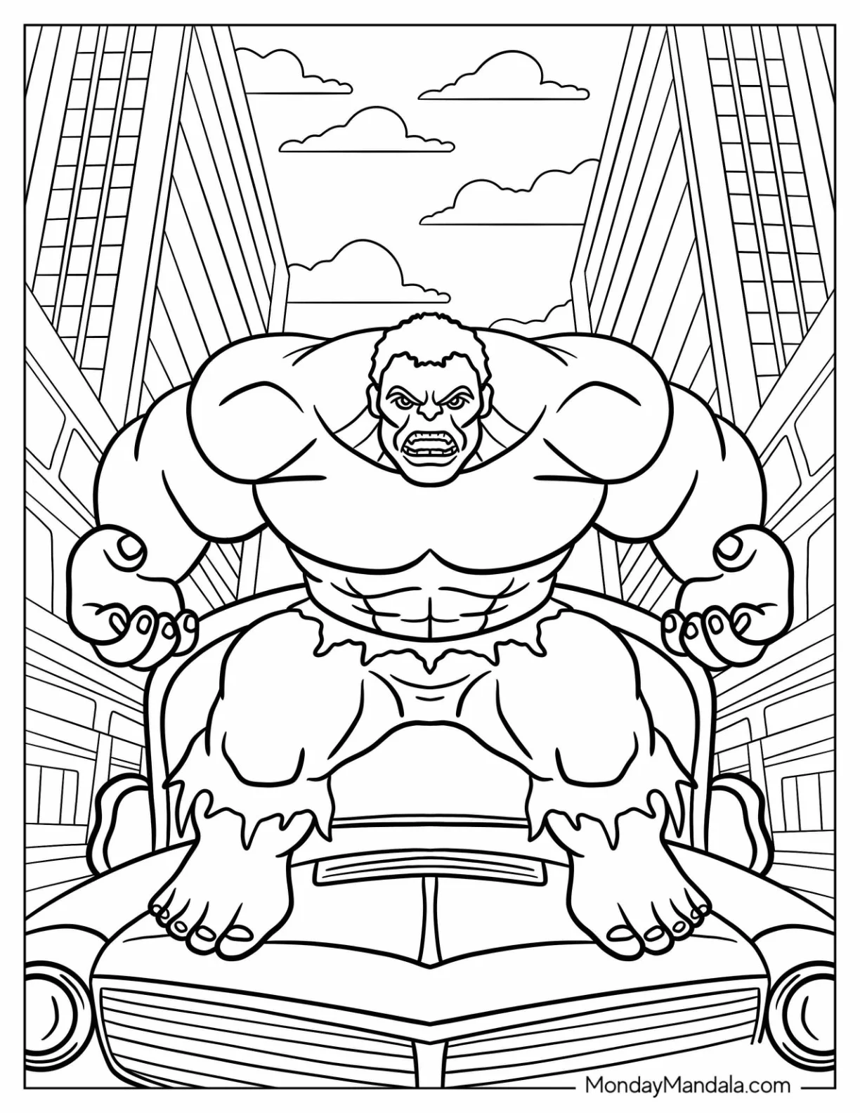 Hulk Coloring Page Raging On Top Of A Car coloring page — printable line art