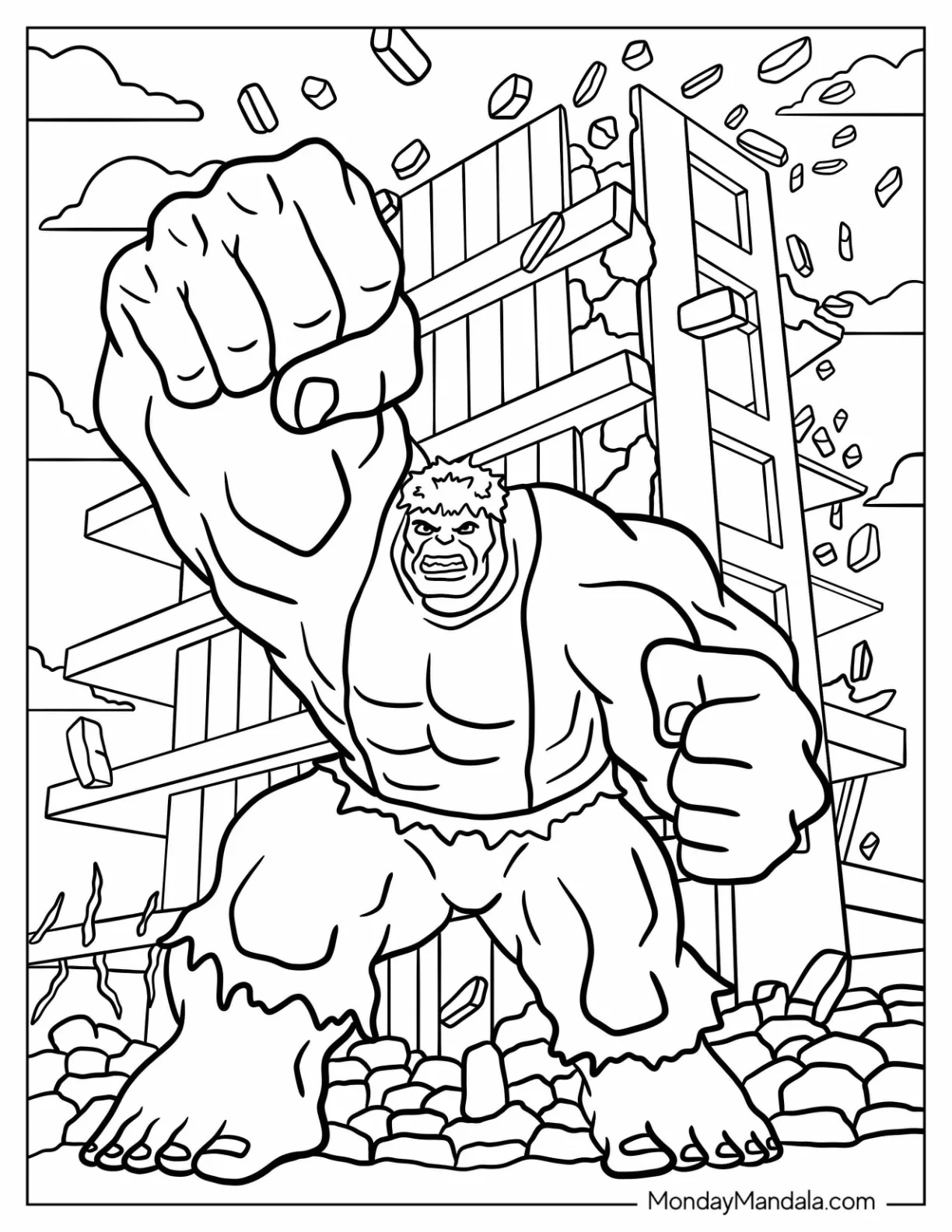 Hulk Coloring Page Smashing A Building For Kids coloring page — printable line art